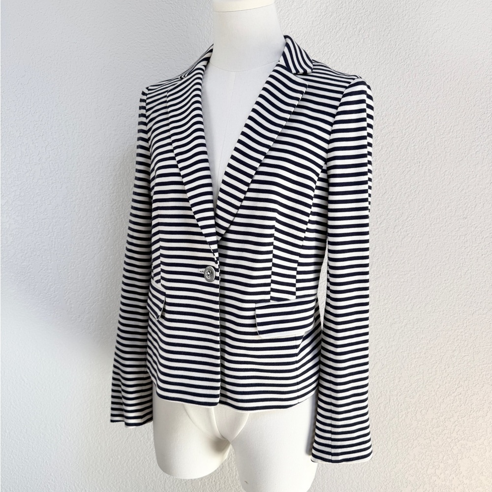 Banana Republic Old Money Coastal Chic Navy and White Striped Knit Blazer 6 - Picture 2 of 5